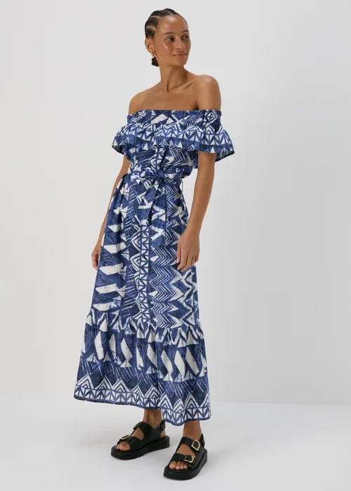 Blue Aztec Print Bardot Midi Cotton Dress - 8 Image 1