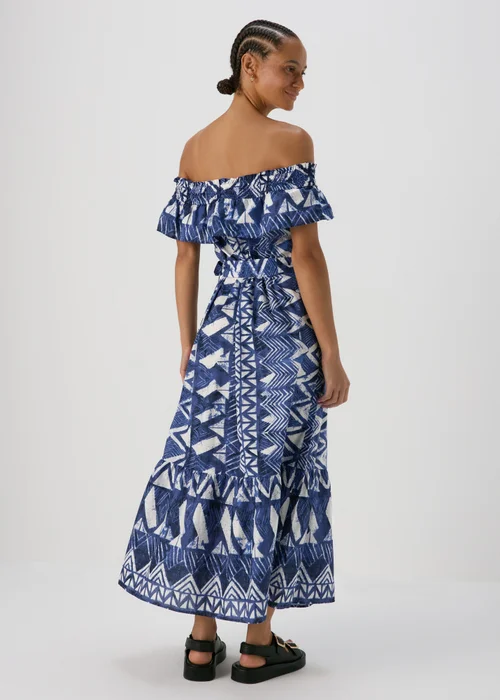 Blue Aztec Print Bardot Midi Cotton Dress - 8 Image 2