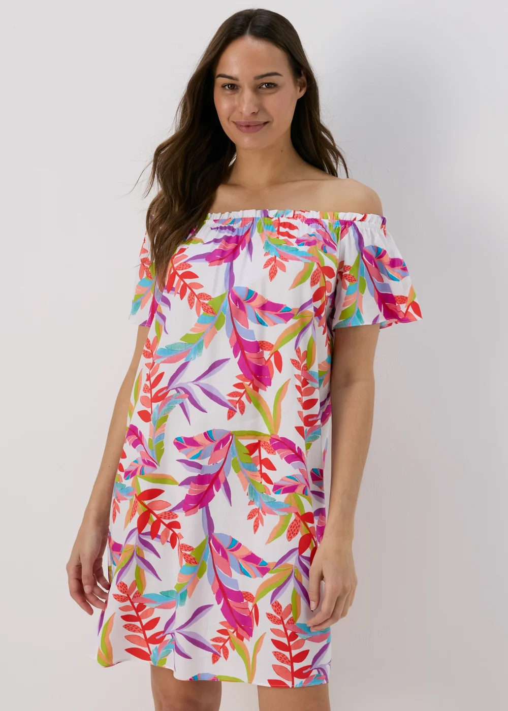 White Multicolour Leaf Print Bardot Dress - 8 Image 1