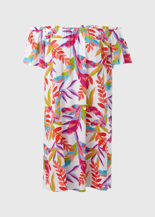 White Multicolour Leaf Print Bardot Dress - 8 Image 5
