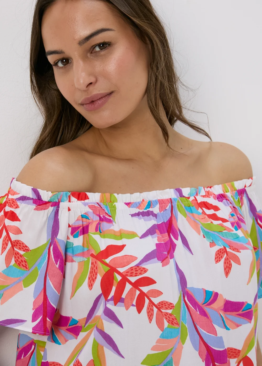 White Multicolour Leaf Print Bardot Dress - 8 Image 3