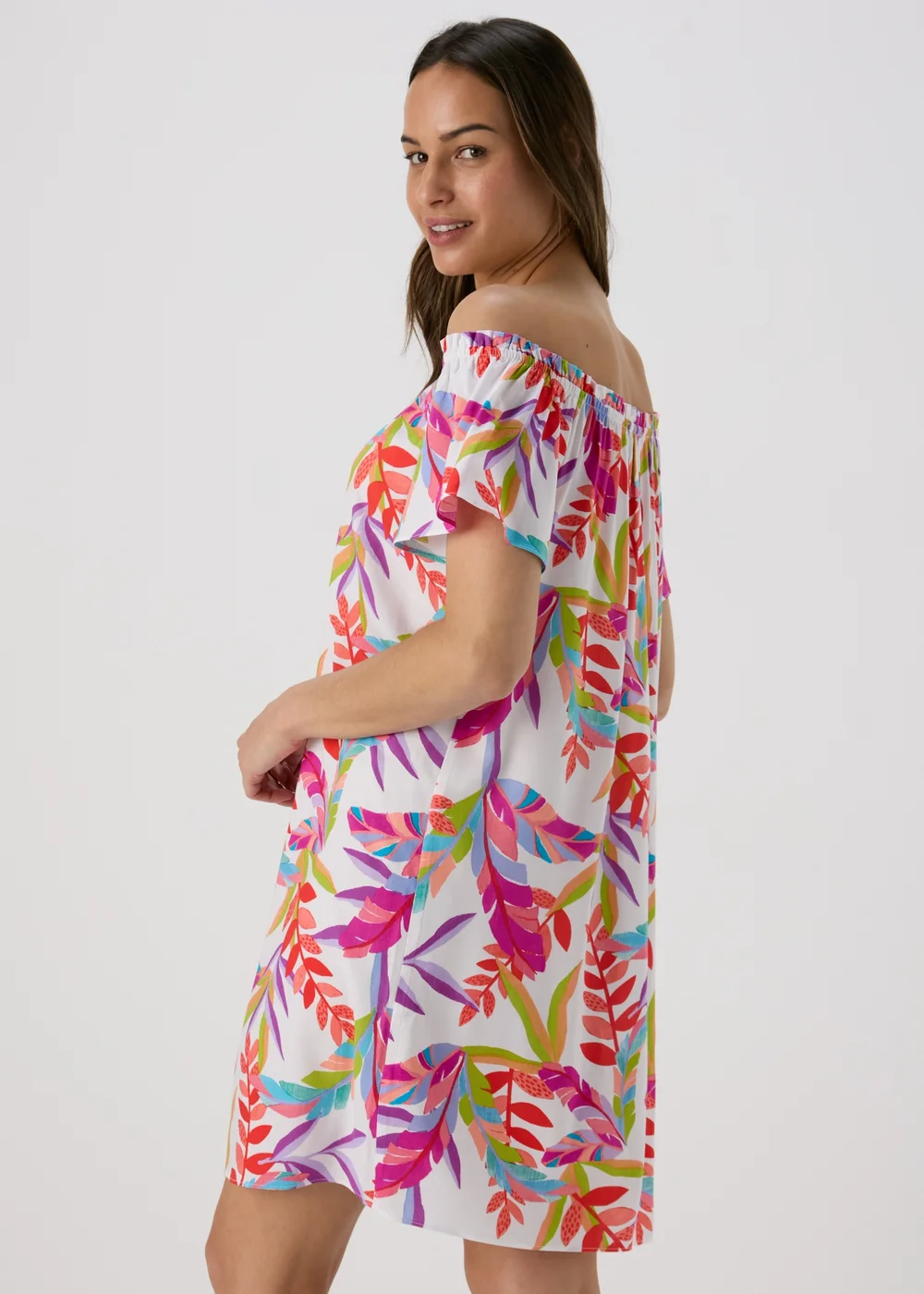 White Multicolour Leaf Print Bardot Dress - 8 Image 2