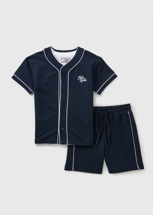 Boys Navy Baseball 3 Piece Shirt & Shorts Set (7-12yrs) - 7 Yrs Image 1