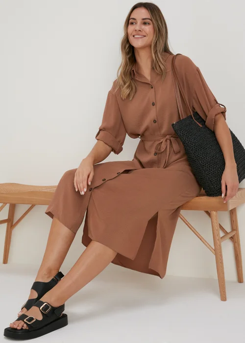 Tan 3/4 Sleeve Midi Shirt Dress - 8 Image 4