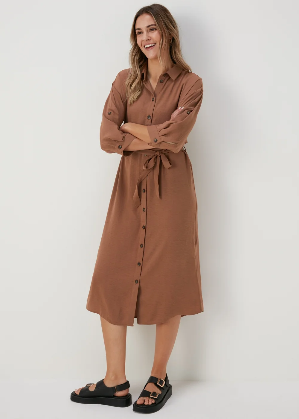 Tan 3/4 Sleeve Midi Shirt Dress - 8 Image 1