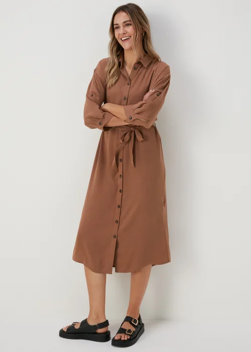 Tan 3/4 Sleeve Midi Shirt Dress - 8 Image 1
