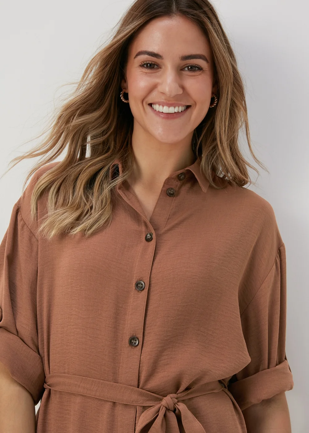 Tan 3/4 Sleeve Midi Shirt Dress - 8 Image 3