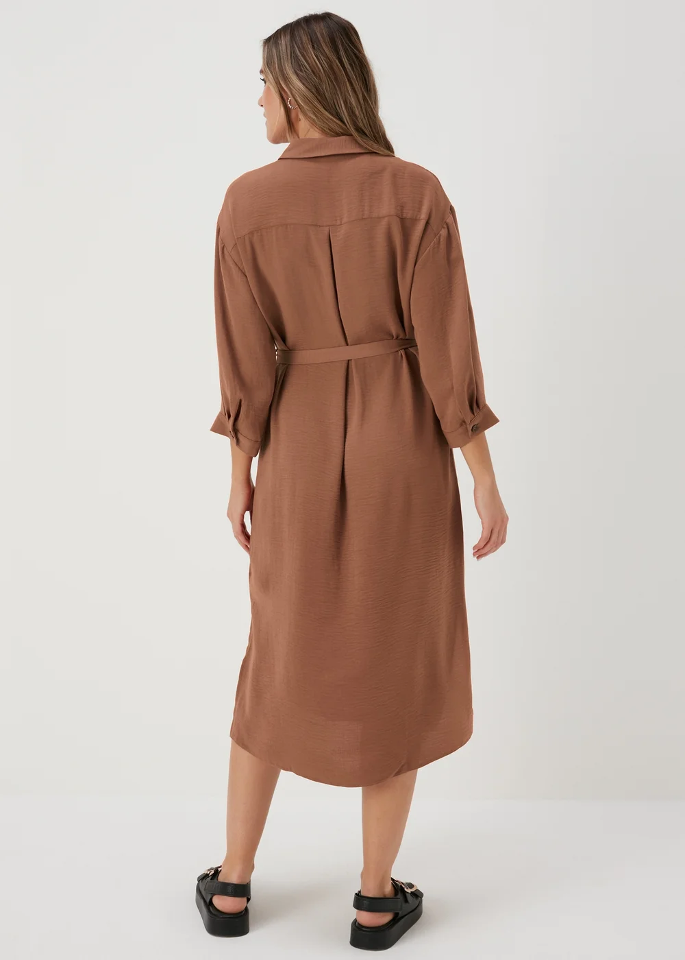 Tan 3/4 Sleeve Midi Shirt Dress - 8 Image 2