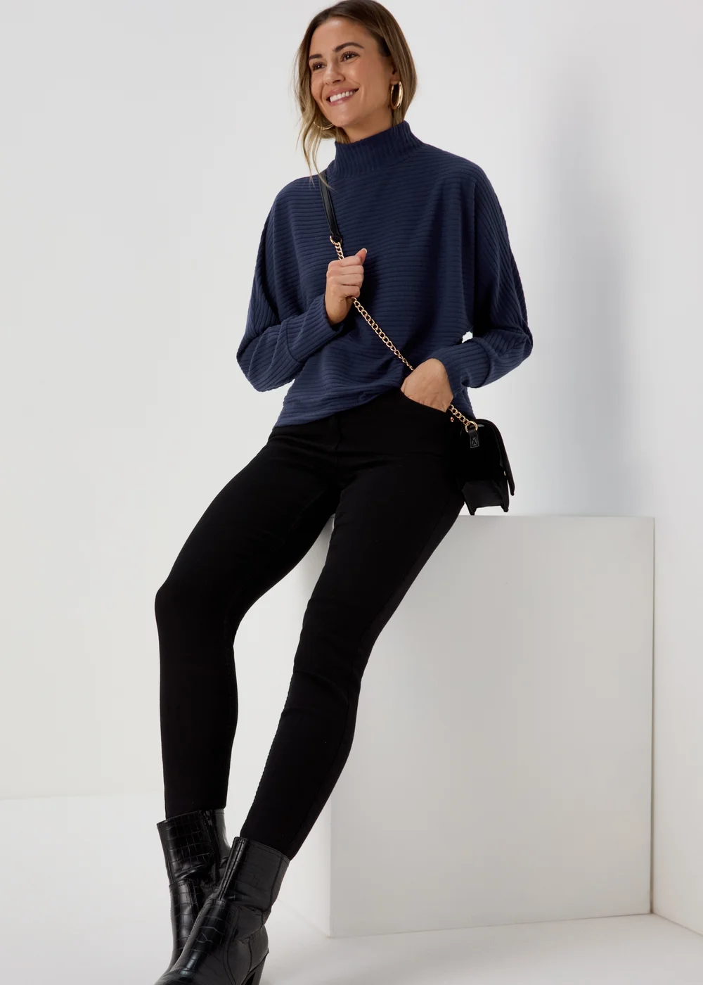 Navy High Neck Rib Top - Small Image 4