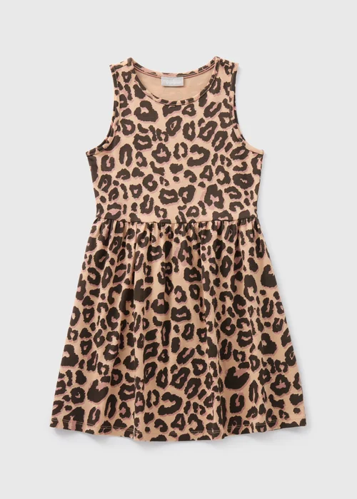 Girls Brown Leopard Print Jersey Dress (7-13yrs) - 7 Yrs Image 1