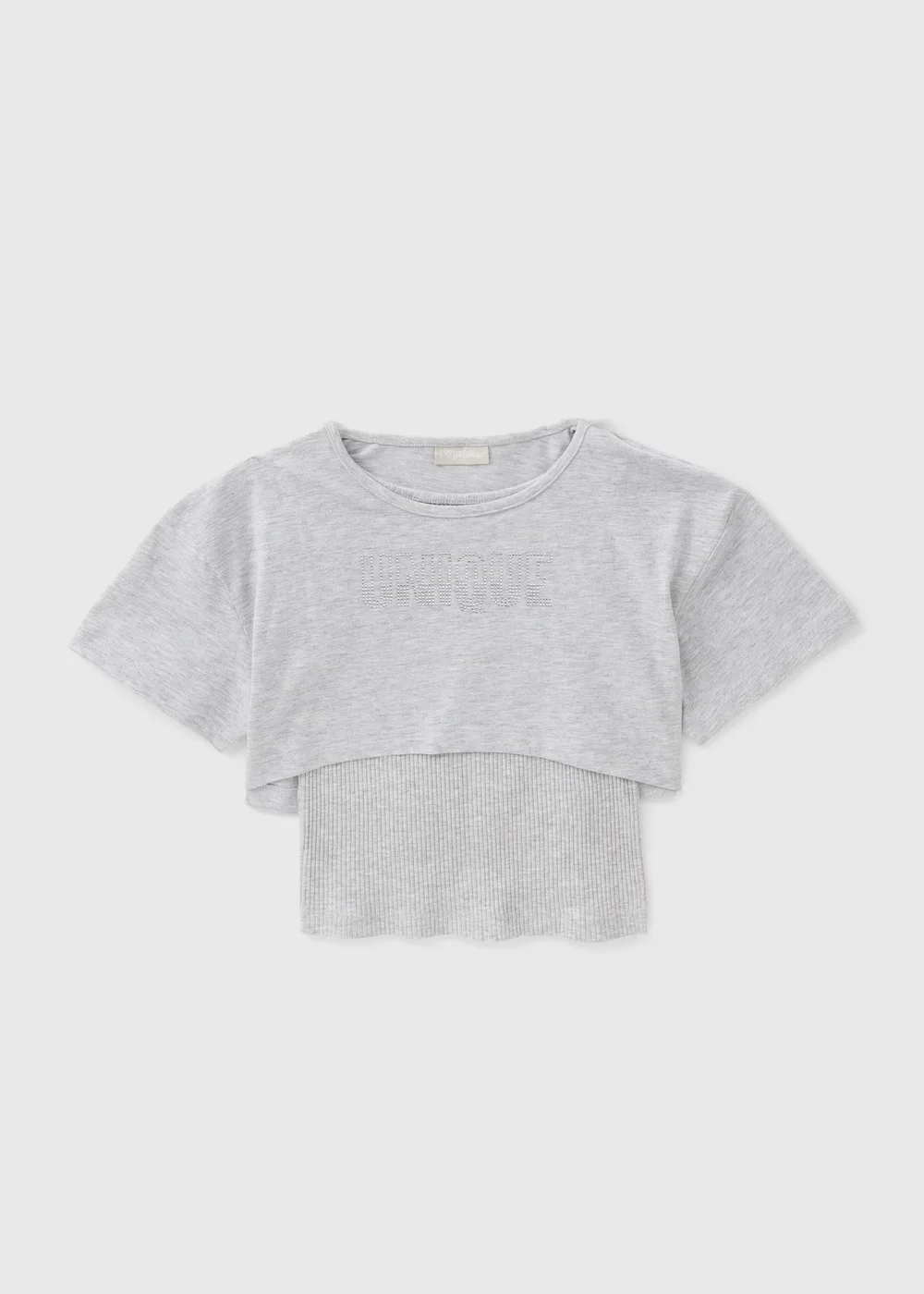 Girls Grey Marl 2 in 1 Hot Fix Top - Age 7 Years Image 1