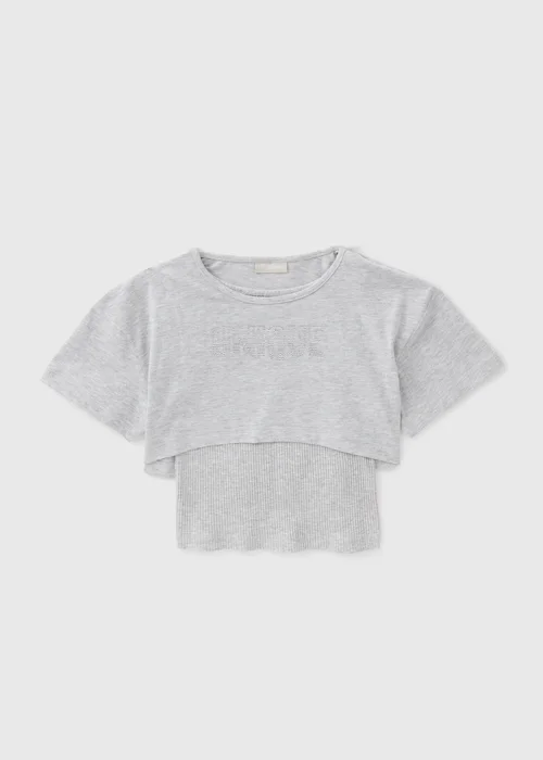 Girls Grey Marl 2 in 1 Hot Fix Top - Age 7 Years Image 1