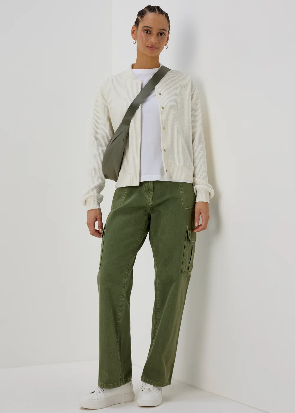 Cream Ribbed Bomber Jacket - S Image 4