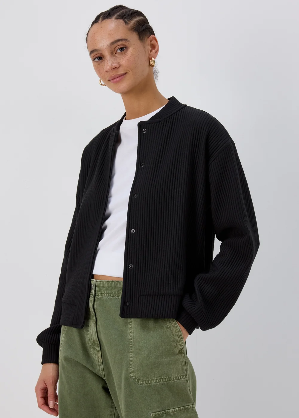 Black Ribbed Bomber Jacket - S Image 1
