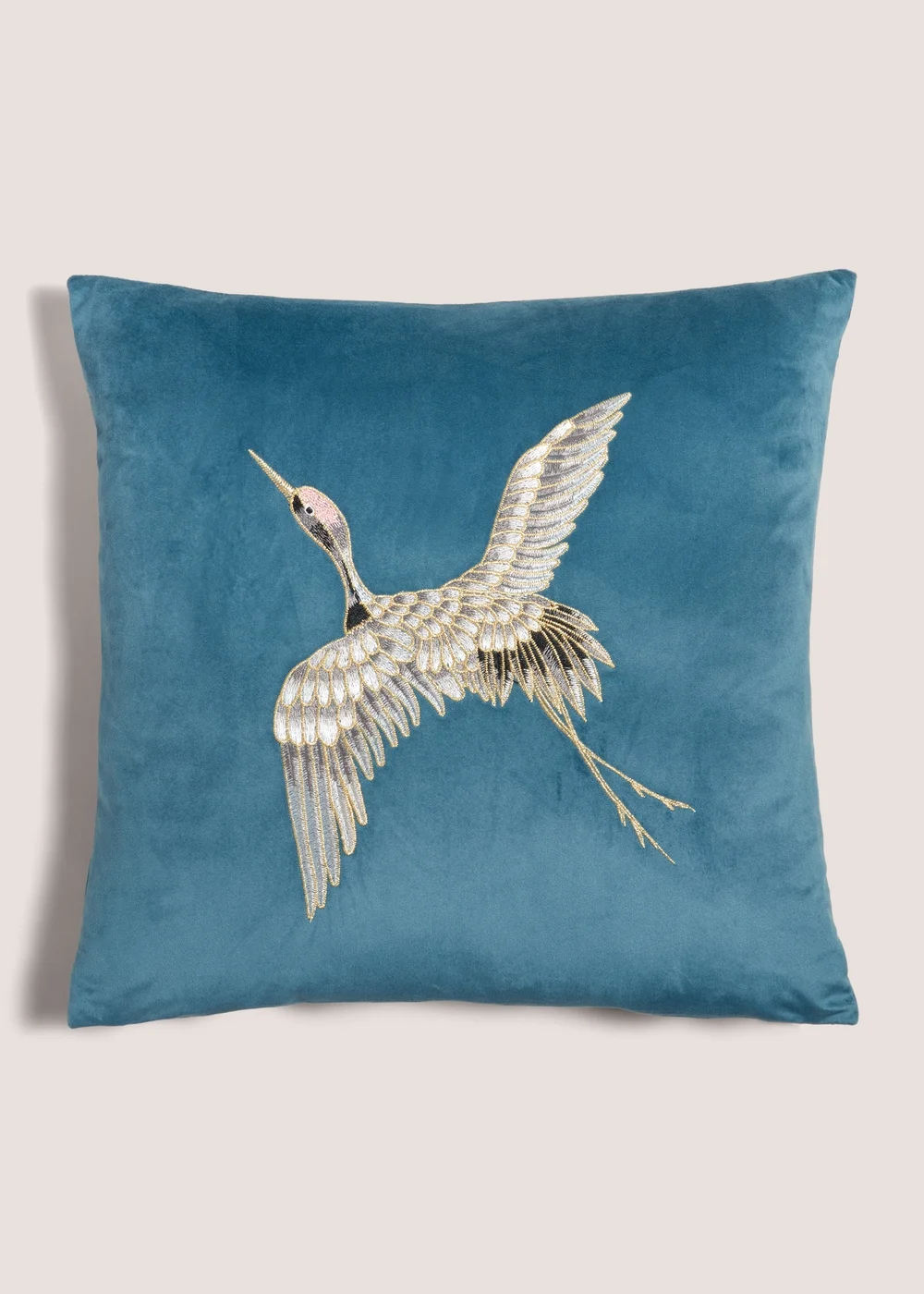 Teal Embroidered Crane Cushion Image 1