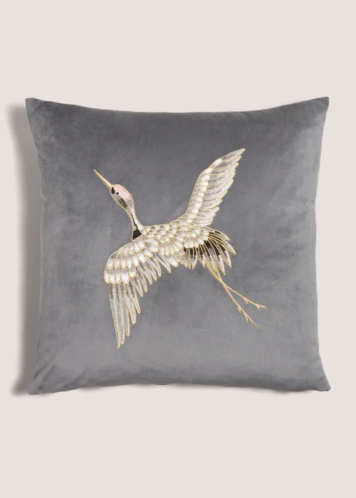 Charcoal Embroidered Crane Cushion Image 1
