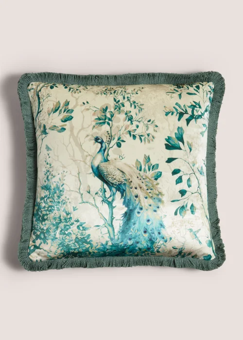 Green Peacock Print Fringe Edge Cushion (43cm x 43cm) Image 1