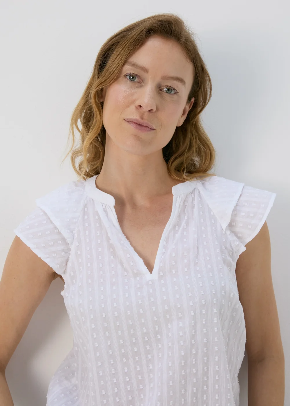 White Ruffle Sleeve Dobby Top - 8 Image 1