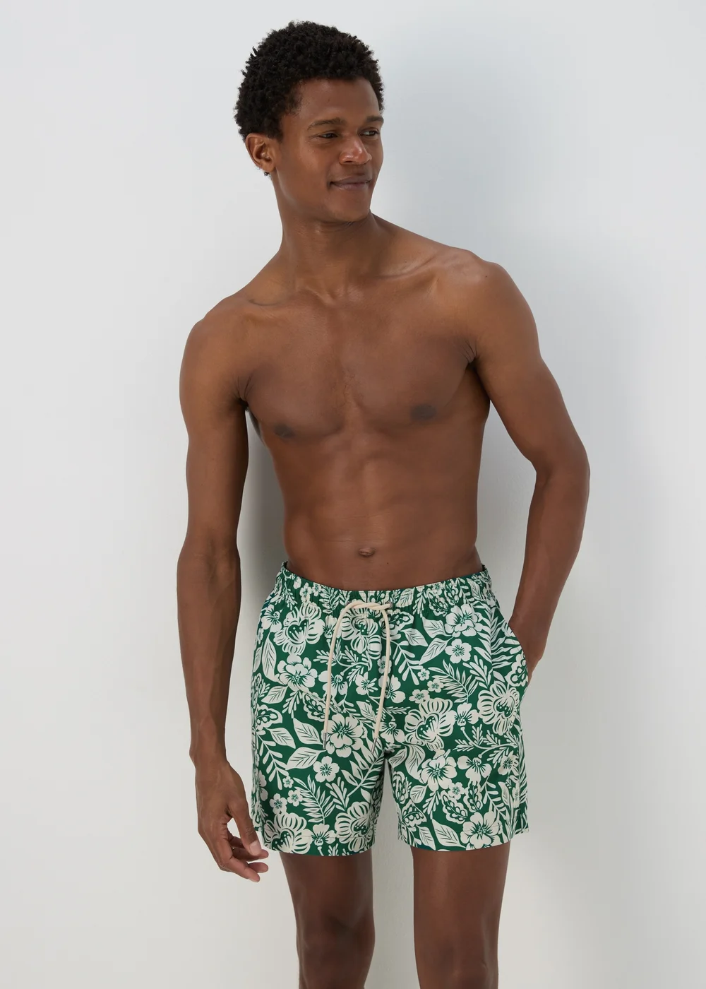 Khaki Floral Leaf Swim Shorts - Small Image 1