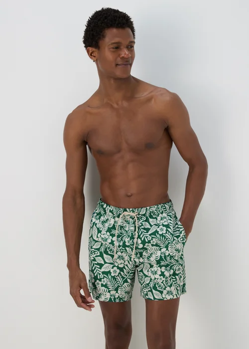 Khaki Floral Leaf Swim Shorts - Small Image 1