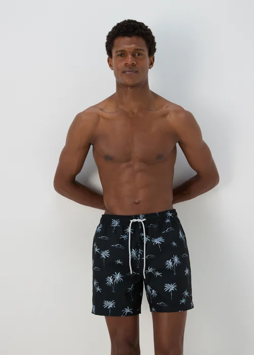 Black Palm Print Swim Shorts - Small Image 1