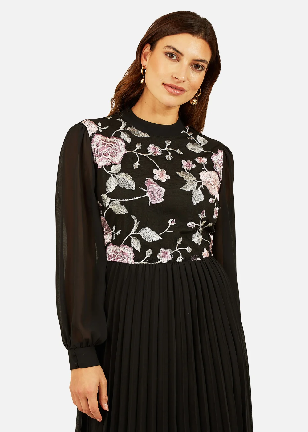 Yumi Black Long Sleeve Embroidered Midi Dress With Pleats - 8 Image 3