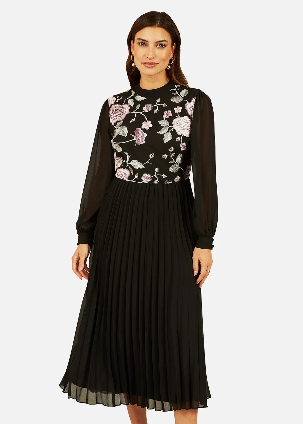 Yumi Black Long Sleeve Embroidered Midi Dress With Pleats - 8 Image 2