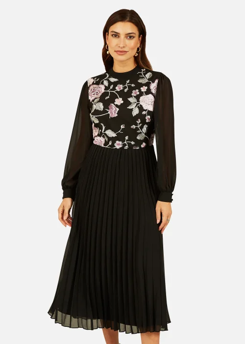 Yumi Black Long Sleeve Embroidered Midi Dress With Pleats - 8 Image 2