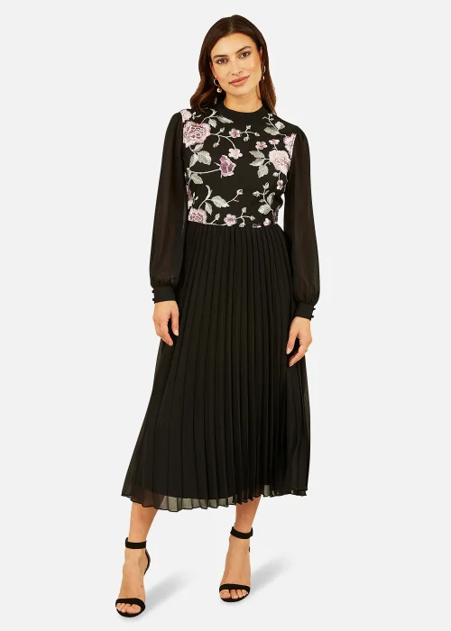 Yumi Black Long Sleeve Embroidered Midi Dress With Pleats - 8 Image 4