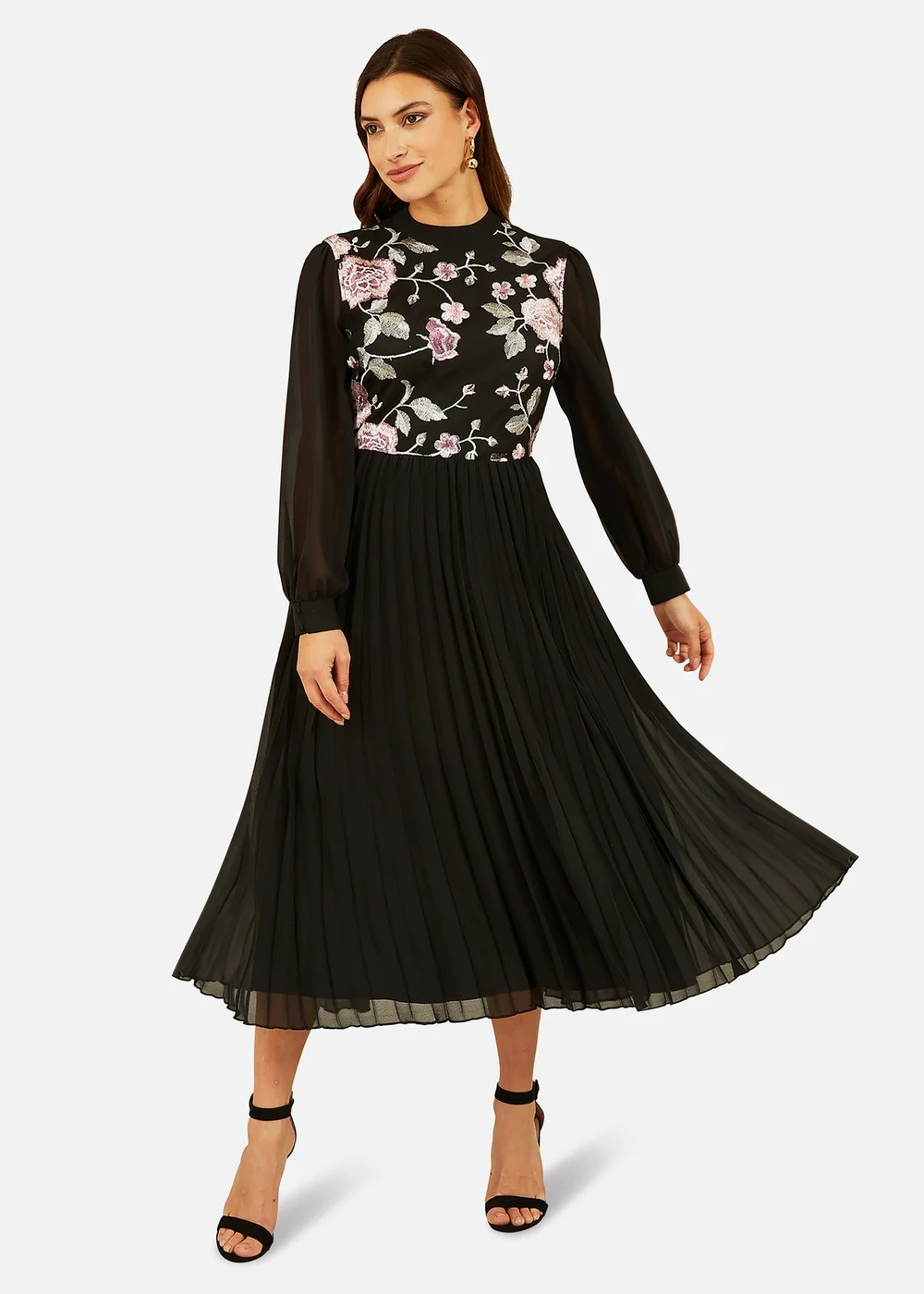 Yumi Black Long Sleeve Embroidered Midi Dress With Pleats - 8 Image 1