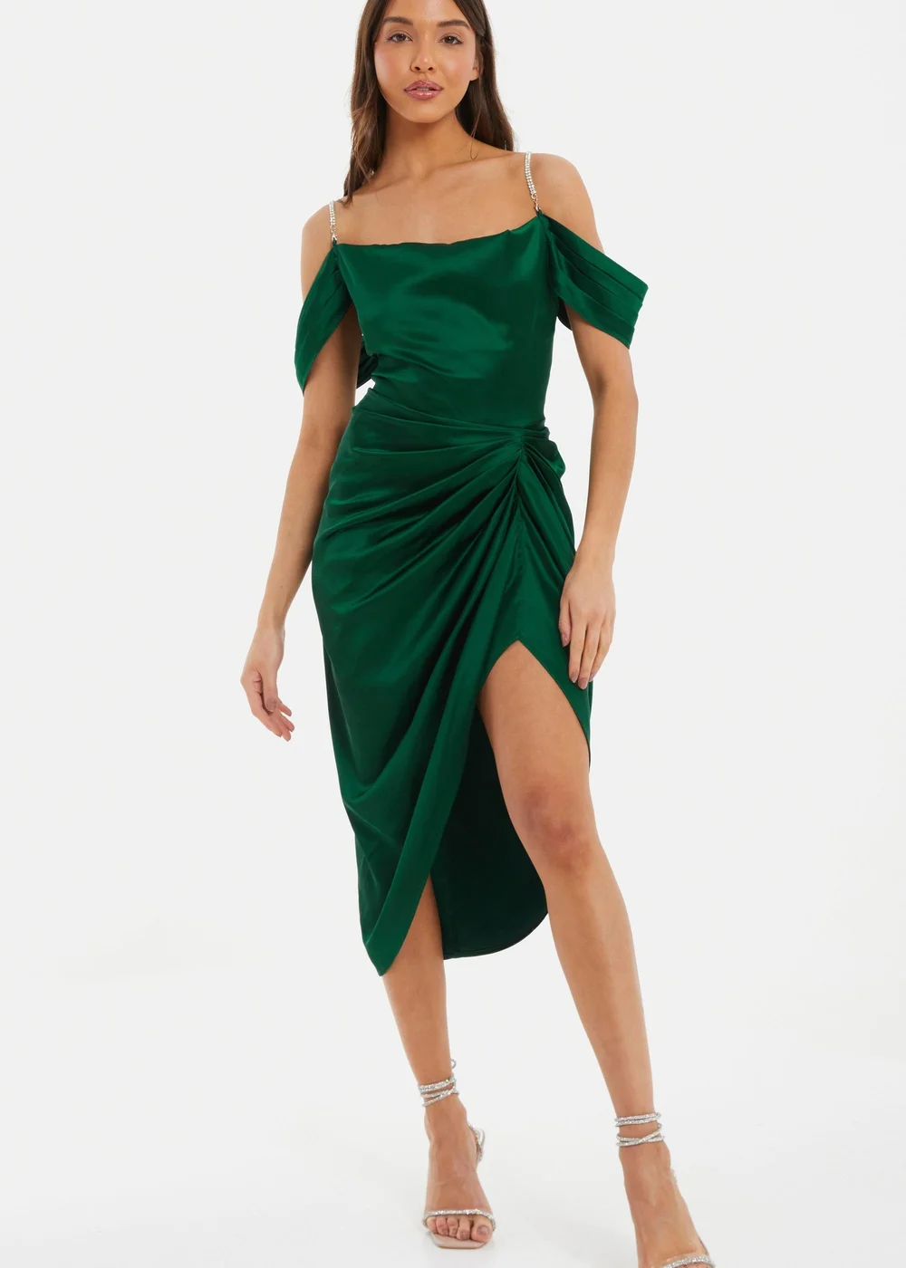Quiz Green Satin Ruched Cold Shoulder Midi Dress - 18 | Matalan Quiz Green Satin Ruched Cold Shoulder Midi Dress - 18 | Matalan