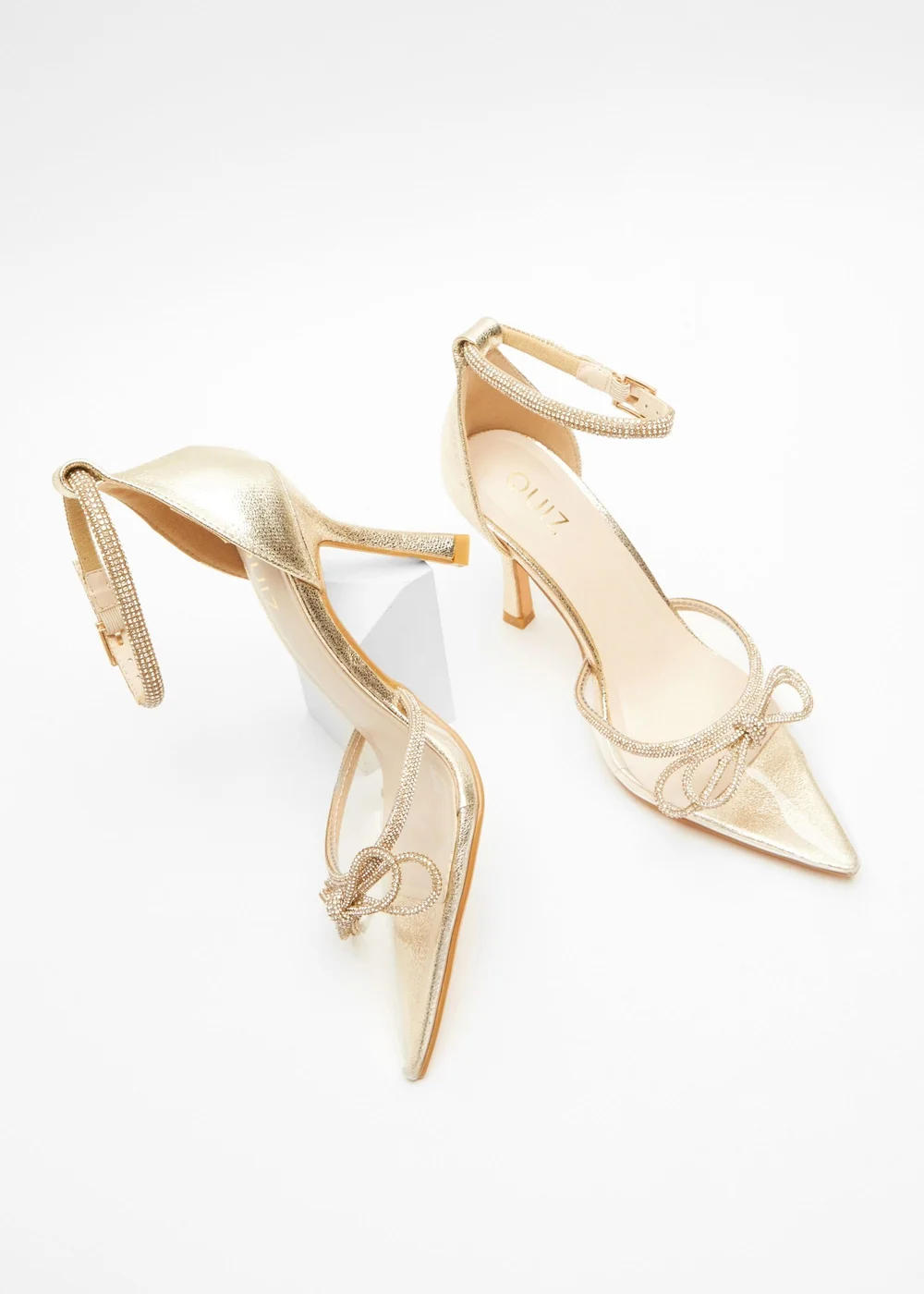 Quiz Gold Clear Diamante Bow Court Heels - 3 Image 3