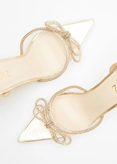 Quiz Gold Clear Diamante Bow Court Heels - 3 Image 5