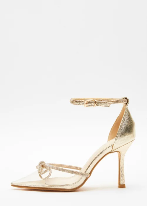 Quiz Gold Clear Diamante Bow Court Heels - 3 Image 4