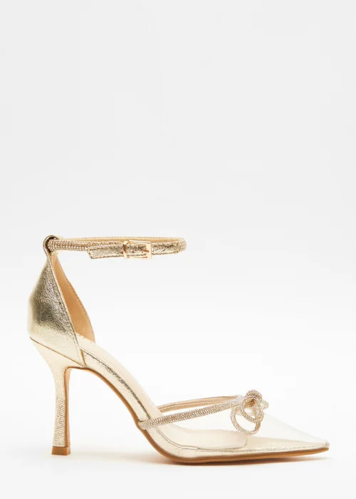 Quiz Gold Clear Diamante Bow Court Heels - 3 Image 1
