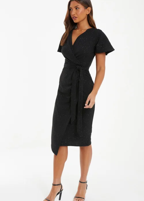 Quiz Black Glitter Ruched Wrap Midi Dress - 10 Quiz Black Glitter Ruched Wrap Midi Dress - 10
