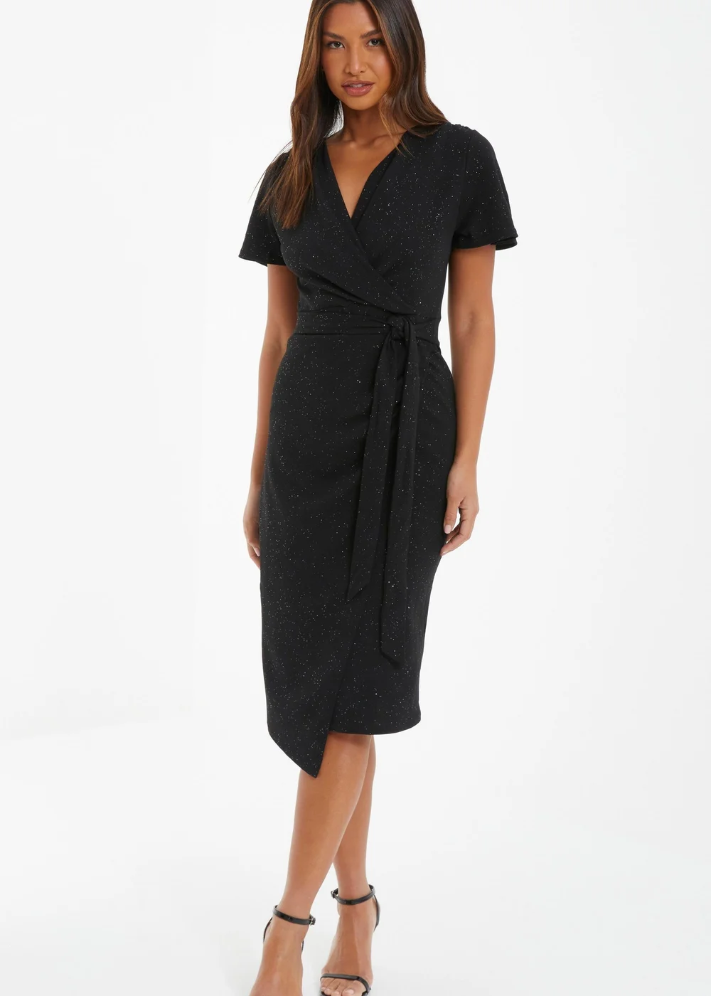 Quiz Black Glitter Ruched Wrap Midi Dress - 10 Quiz Black Glitter Ruched Wrap Midi Dress - 10