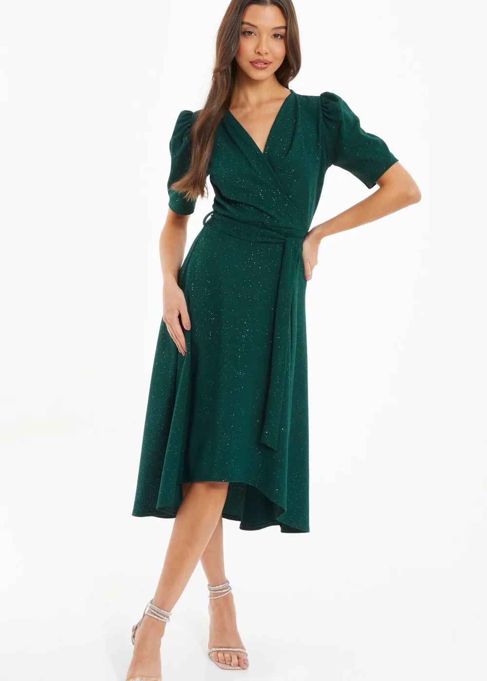 Quiz Green Glitter Dip Hem Midi Dress - 20 | Matalan Quiz Green Glitter Dip Hem Midi Dress - 20 | Matalan