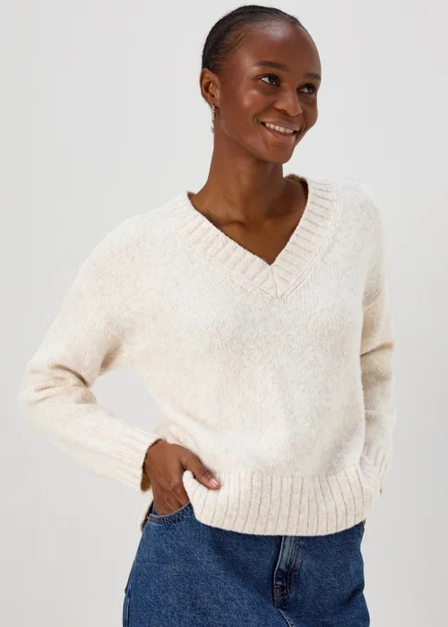 Oatmeal V Neck Brushed Jumper - XS Image 1