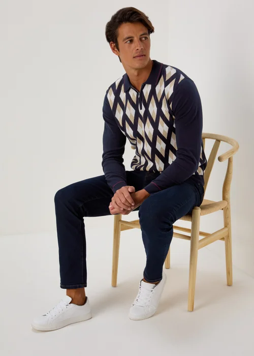 Navy Argyle Zip Up Polo Shirt - S Image 4