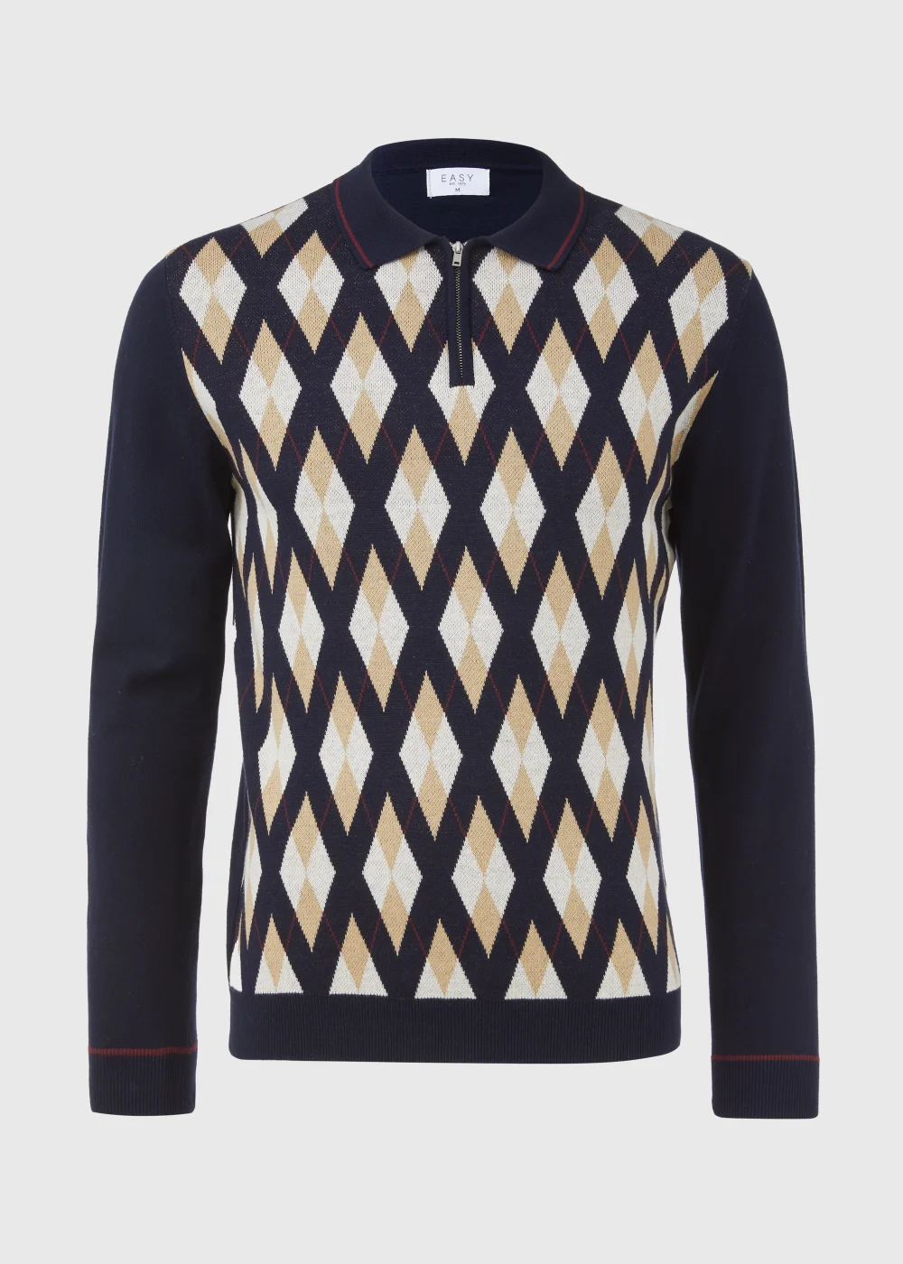 Navy Argyle Zip Up Polo Shirt - S Image 5