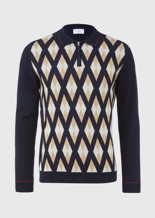 Navy Argyle Zip Up Polo Shirt - S Image 5