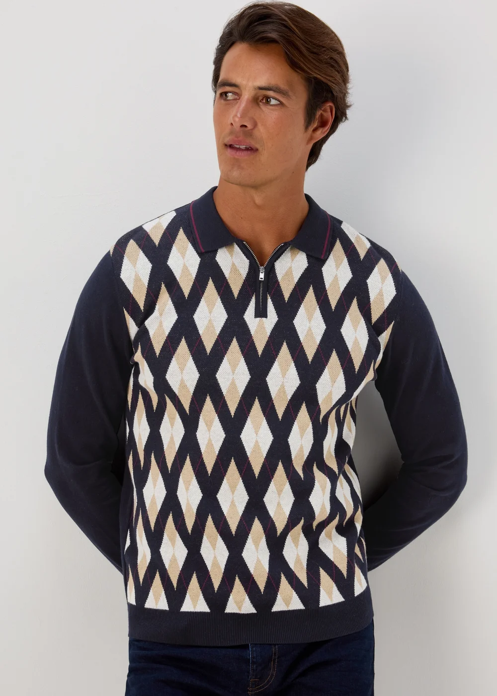 Navy Argyle Zip Up Polo Shirt - S Image 1