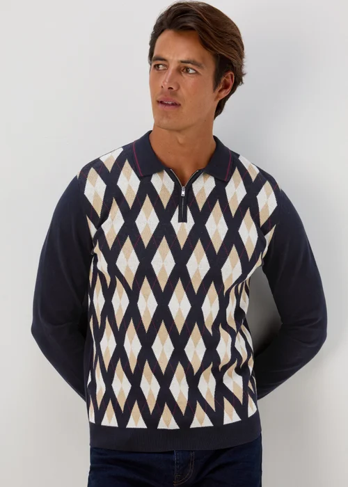 Navy Argyle Zip Up Polo Shirt - S Image 1