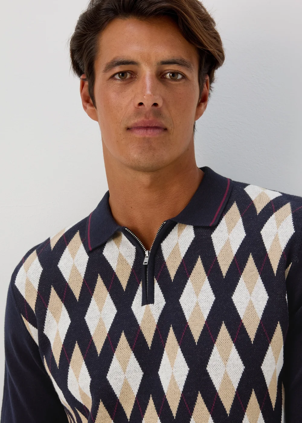 Navy Argyle Zip Up Polo Shirt - S Image 3
