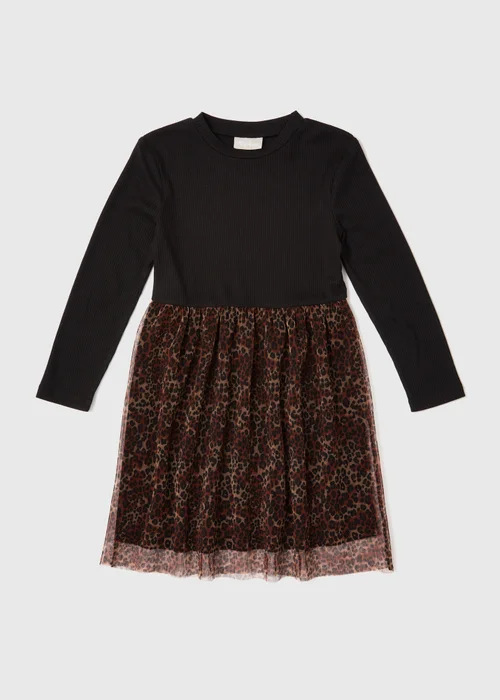 Girls Black Leopard 2 In 1 Mesh Dress (7-12yrs) - 10 Yrs Image 1