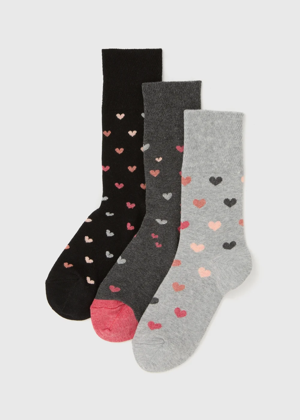 3 Pack Grey Heart Socks - One Size Image 1