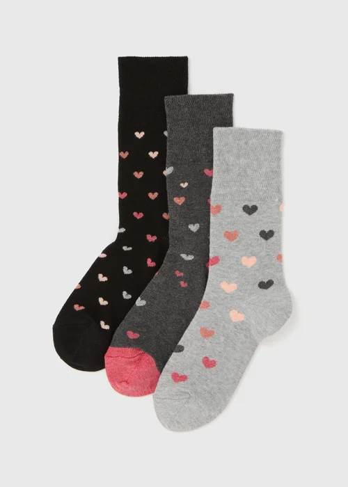 3 Pack Grey Heart Socks - One Size Image 1