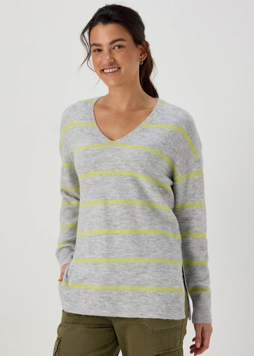 Grey Spandex Stripe V Neck Jumper - XS Image 1
