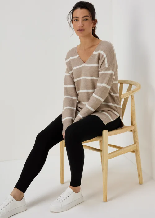 Beige Spandex Stripe V Neck Jumper - XS Image 4